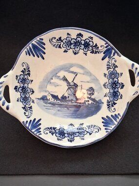 Vintage (1960s-1970s) Delft Hand Painted Handled Bonbon Dish With Windmill Scene